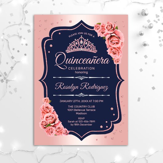 Quinceanera - Rose Gold Navy Einladung