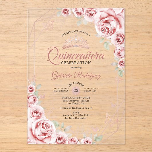 Quinceanera Rose Gold Pink Floral Acryleinladungen (Vorderseite)