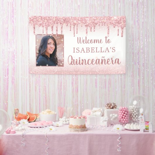 Quinceanera Rose Gold Pink Glitzer Tropfen Foto Banner (Party)