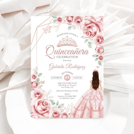Quinceanera Rose Gold Rosa Blumenkleid Einladung
