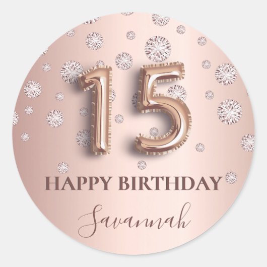 Quinceanera Rose Gold rosa Diamanten Ballon Schrif Runder Aufkleber (Vorderseite)