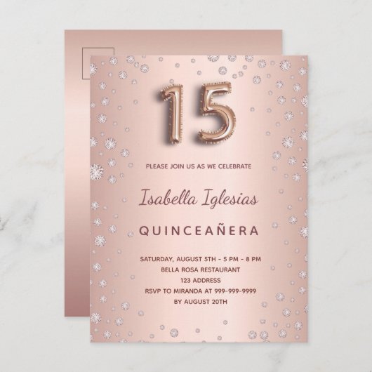 Quinceanera Rose Gold rosa Diamanten Ballonskript Postkarte (Vorne/Hinten)