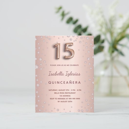 Quinceanera Rose Gold rosa Diamanten Ballonskript Postkarte (Stehend Vorderseite)