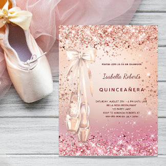 Quinceanera Rose Gold Rosa Glitzer Ballerina Einladungspostkarte