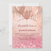 Quinceanera Rose Gold Rosa Glitzer Ballons Glattle Einladung (Vorderseite)