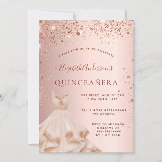 Quinceanera Rose Gold rosa Glitzern Kleid Einladung (Vorderseite)