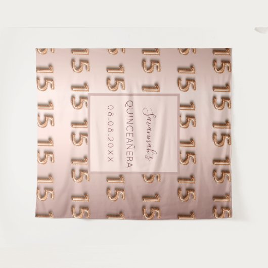 Quinceanera Rose Gold Rosa Monogramm 15 Tapestry Wandteppich (Vorderseite (Horizontal))