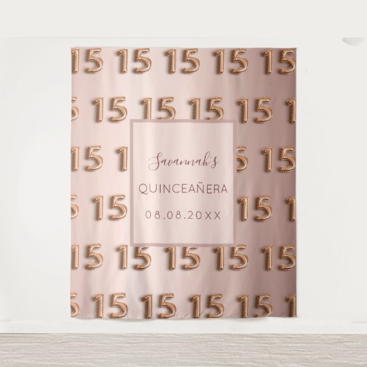 Quinceanera Rose Gold Rosa Monogramm 15 Tapestry Wandteppich (Vorderseite)