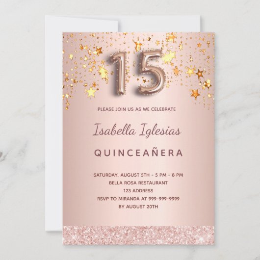 Quinceanera Rose Gold Rosa Sterne Ballon-Drehbuch Einladung (Vorderseite)
