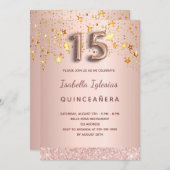 Quinceanera Rose Gold Rosa Sterne Ballon-Drehbuch Einladung (Vorne/Hinten)