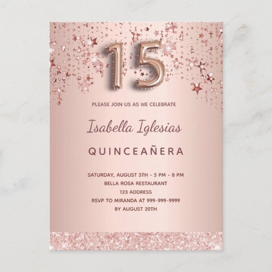 Quinceanera Rose Gold Rosa Sterne Ballon-Drehbuch Postkarte (Vorderseite)