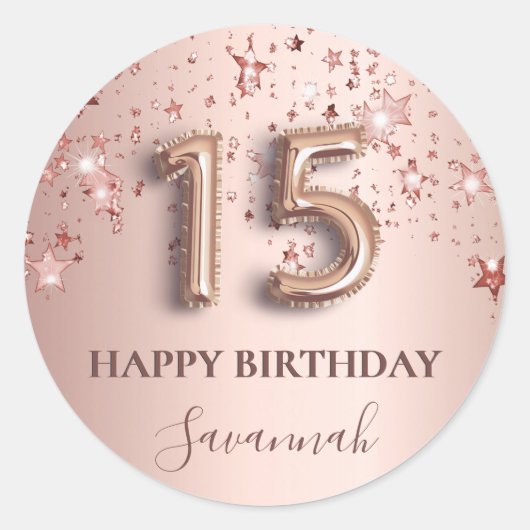 Quinceanera Rose Gold rosa Sterne Ballon Schriftar Runder Aufkleber (Vorderseite)