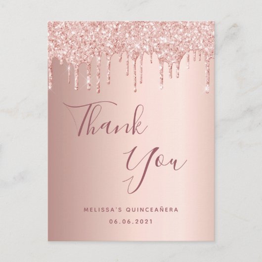 Quinceanera Rose gold rosa Tropfen vielen Dank Postkarte (Vorderseite)