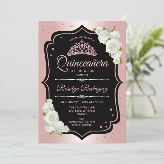Quinceanera - Rose Gold Schwarz-weiß Einladung (Stehend Vorderseite)