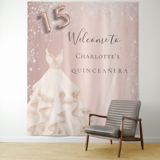 Quinceanera Rose Gold Silber Glitzer Empfang Wandteppich (Beispiel)