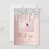 Quinceanera Rose Gold Silber Glitzer Tropfen Foto Dankeskarte (Vorderseite)