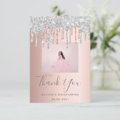 Quinceanera Rose Gold Silber Glitzer Tropfen Foto Dankeskarte (Stehend Vorderseite)
