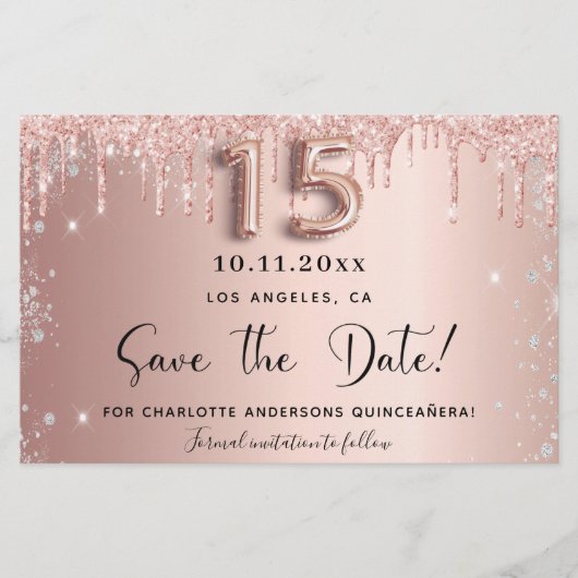 Quinceanera Rose Gold silber Save the Date Karte (Vorderseite)