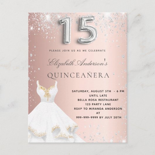 Quinceanera Rose Gold Silberkleid Glitzern Einladungspostkarte (Vorderseite)