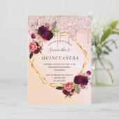 Quinceanera Rose Gold Tropfen Blumenburgund Einladung (Stehend Vorderseite)