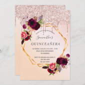 Quinceanera Rose Gold Tropfen Blumenburgund Einladung (Vorne/Hinten)