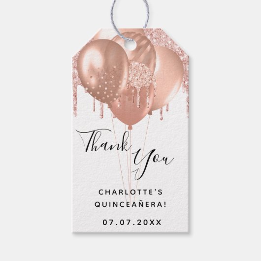 Quinceanera Rose Gold Weißer Ballon Vielen Dank Geschenkanhänger (Vorderseite)