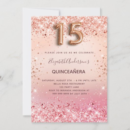 Quinceanera Rose Goldbarren Rosa Glitzer Einladung (Vorderseite)