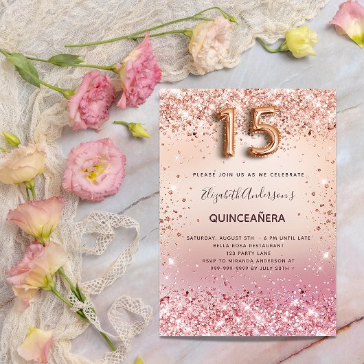 Quinceanera Rose Goldbarren Rosa Glitzer Einladung
