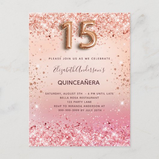 Quinceanera Rose Goldbarsch Rosa Konfetti Einladungspostkarte (Vorderseite)