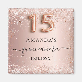 Quinceanera Rose Goldblume Glitzer Staubname Magnet