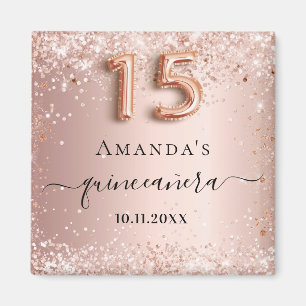 Quinceanera Rose Goldblume Glitzer Staubname Magnet