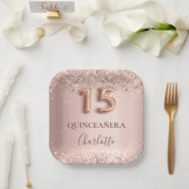 Quinceanera Rose Goldblume Glitzer Tropfen Name Pappteller