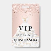 Quinceanera Rose Goldblüte Glitzer Staub Name Vip Ausweis (Front)