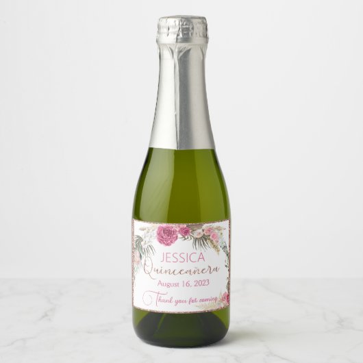 Quinceanera Rose Goldener Glitzer Schaumweinetikett (Vorderseite)