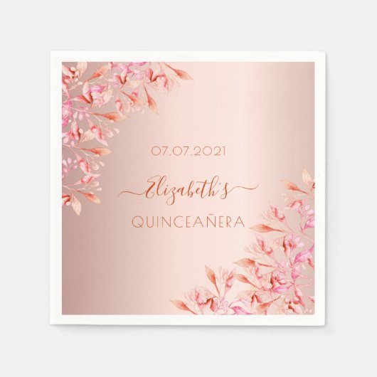 Quinceanera Rose Goldfarben Rosa Blüten botanisch Serviette (Vorderseite)