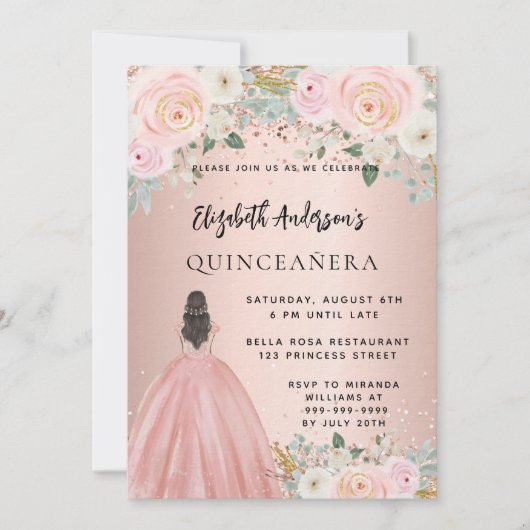 Quinceanera Rose Goldkleid Blumen 2 Mädchen Luxus Einladung (Vorderseite)