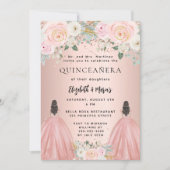 Quinceanera Rose Goldkleid Floral 2 Mädchen Zwilli Einladung (Vorderseite)