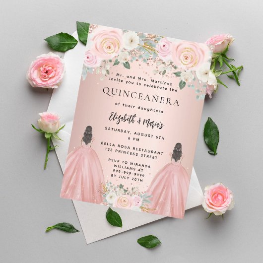 Quinceanera Rose Goldkleid Floral 2 Mädchen Zwilli Einladung
