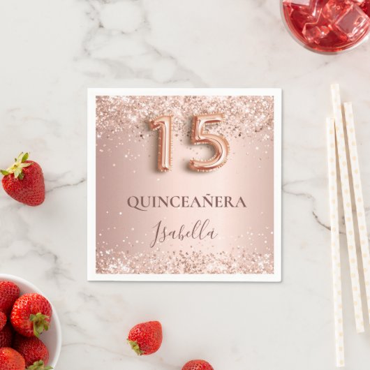 Quinceanera Rose goldrosa Name elegant Serviette (Beispiel)