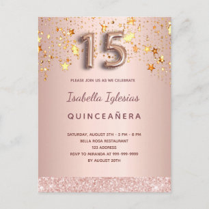 Quinceanera Rose Goldstars Rosa Ballonskript Postkarte