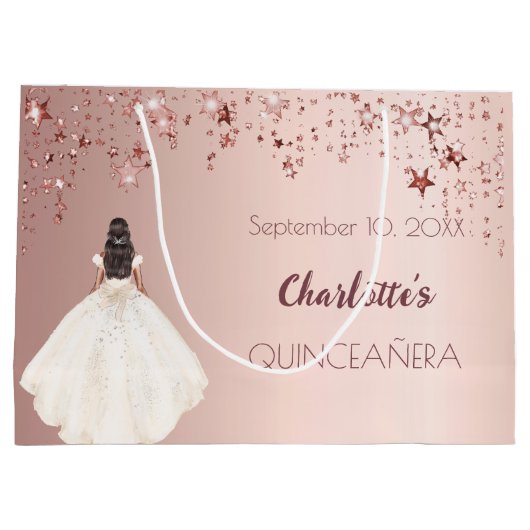 Quinceanera Rose Goldsterne Elfenbeinkleid Große Geschenktüte (Rückseite)