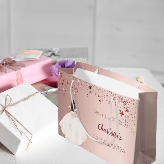 Quinceanera Rose Goldsterne Elfenbeinkleid Große Geschenktüte
