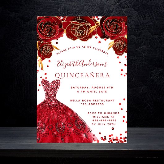 Quinceanera Rose in Rot-Weiß glamourös Einladung