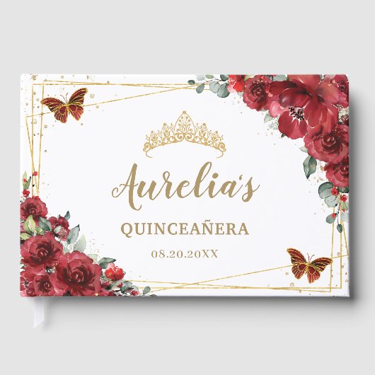 QUINCEAÑERA Rose Rote Flora Goldbarren Gästebuch (Vorderseite)