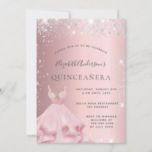 Quinceanera-Rosé-Ton silberner Glitterstaub-Kleid Einladung