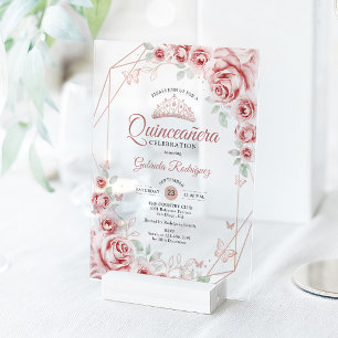 Quinceanera-Roségold-Rosa-Blumen Acryleinladungen