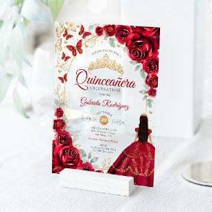 Quinceanera Rot Gold Blumen Acryleinladungen