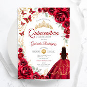 Quinceanera Rot Gold Blumen Einladung