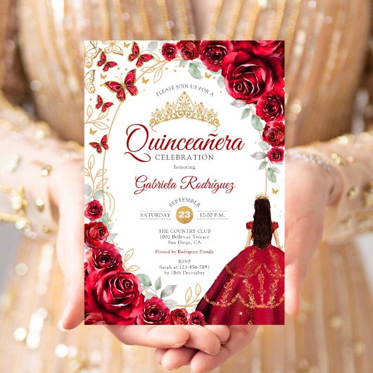 Quinceanera Rot Gold Blumen Einladung