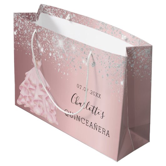 Quinceanera rot Rosa silber Glitzer Kleid Glattled Große Geschenktüte (Rückseite Schrägansicht)